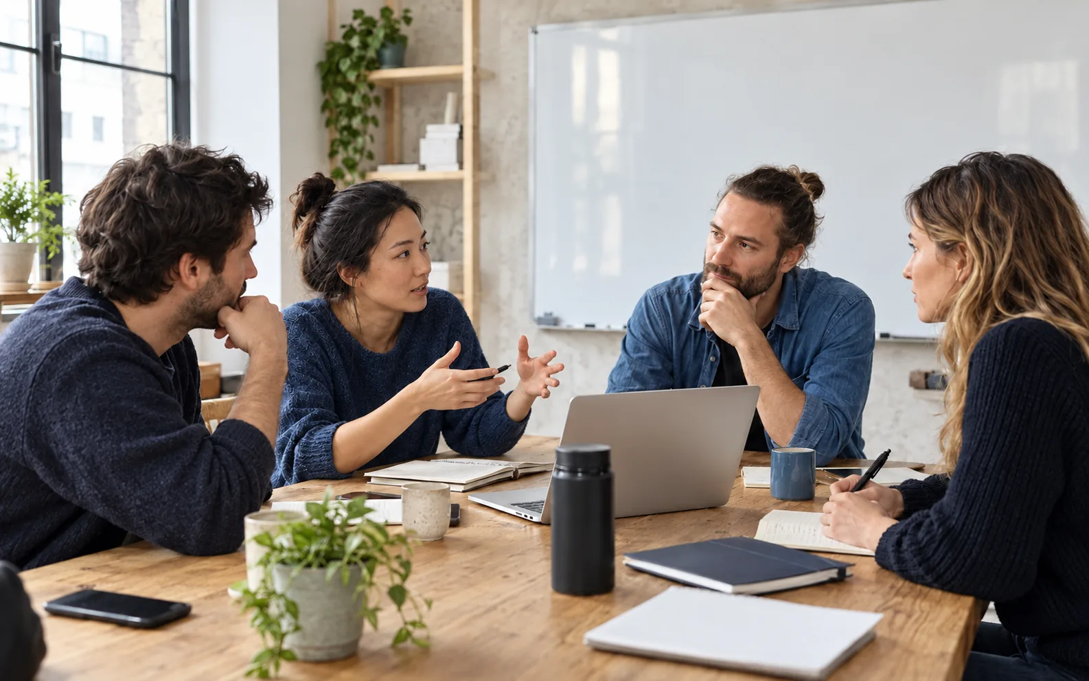AI-created illustration of people discussing software at a working table.