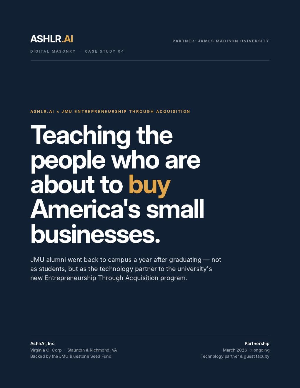 Cover of the Ashlr and JMU Entrepreneurship Through Acquisition case study