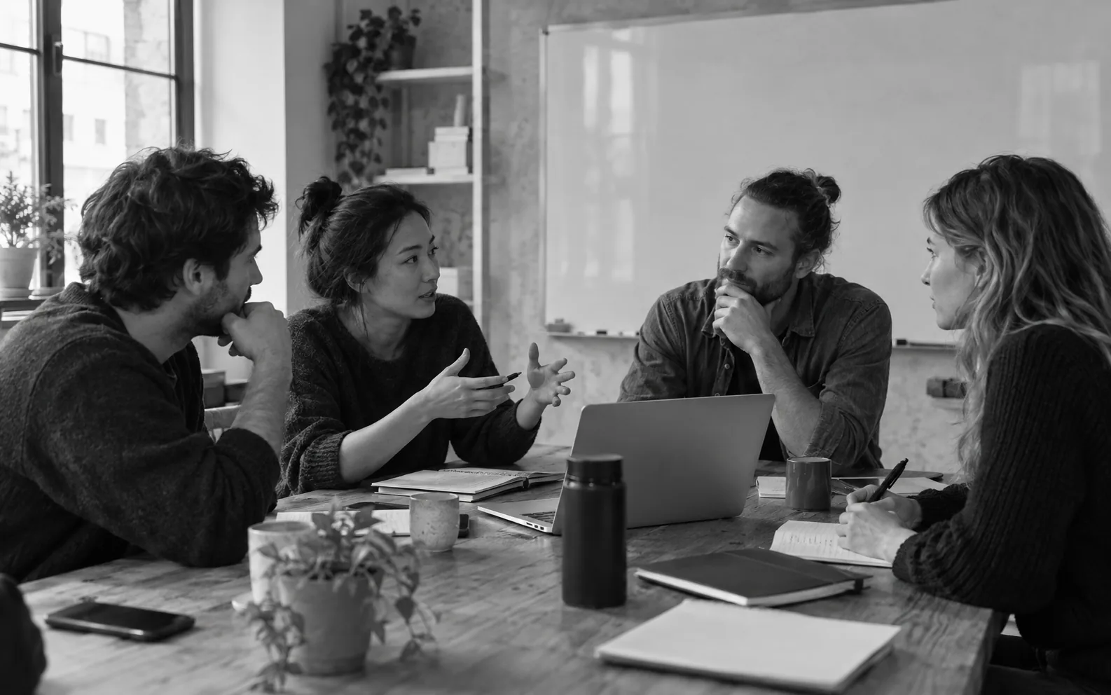 AI-created grayscale illustration of people discussing software at a working table.