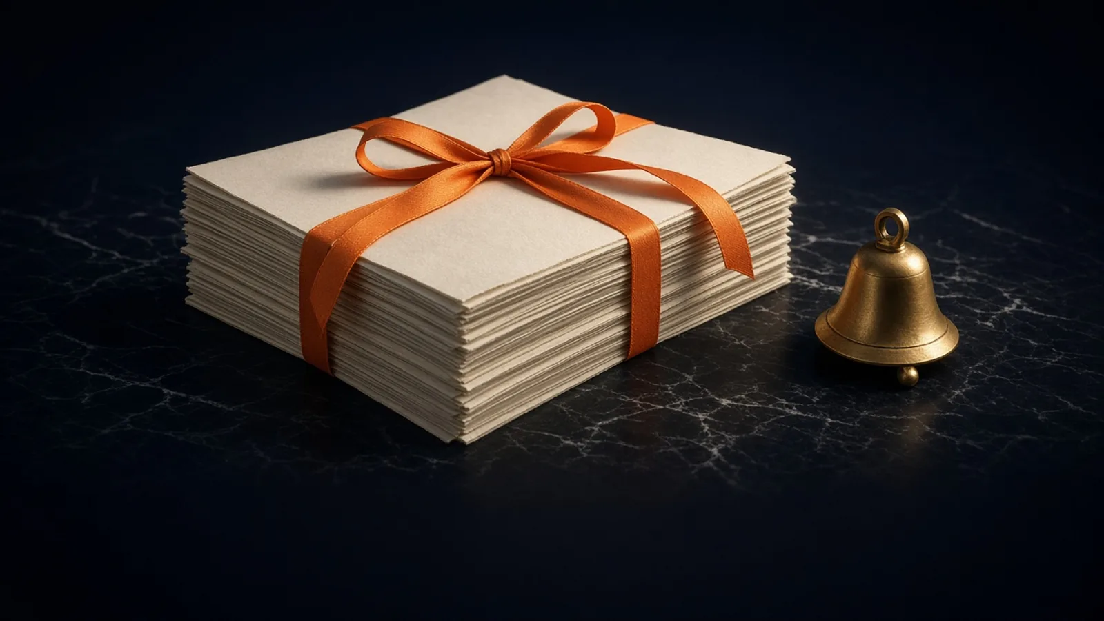 AI-generated editorial illustration: a heavy stack of bound paper documents tied with orange ribbon on a dark marble table, a brass bell beside it under a single spotlight. A visual metaphor, not real hardware or a product interface.