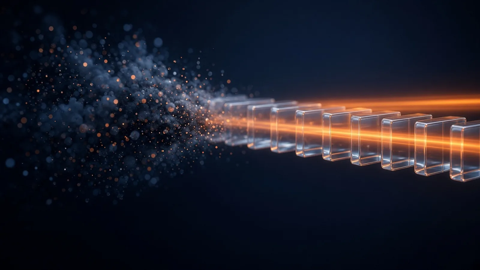AI-generated editorial illustration: a blurry cloud of ink droplets resolving into a crisp row of glass tiles under a fast-moving beam of orange light, dark studio. A visual metaphor, not real hardware or a product interface.