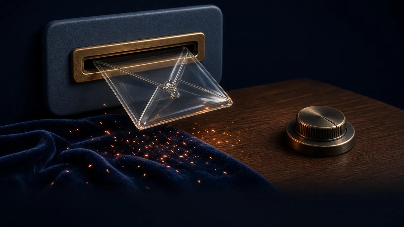 AI-generated editorial illustration: a sealed glass envelope sliding through a narrow brass slot while a velvet cloth catches stray sparks, beside a small rewind dial on a walnut desk. A visual metaphor, not real hardware or a product interface.