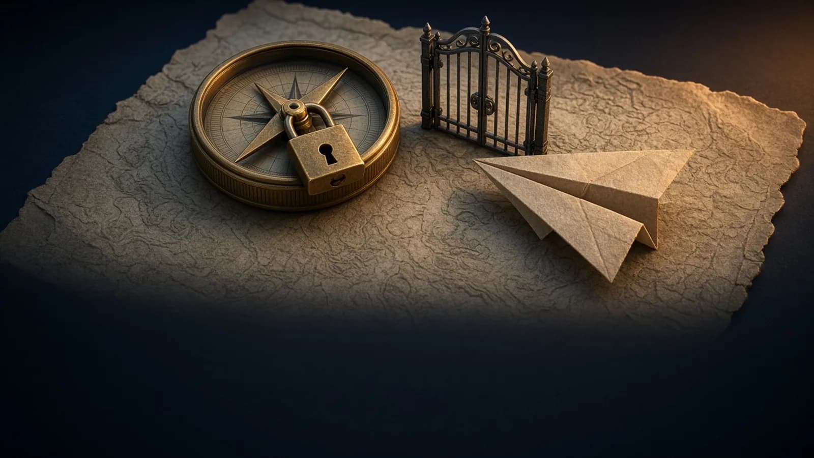 AI-generated editorial illustration: a brass compass needle locked in place by a small padlock on a dark map table, a paper airplane turned away at a closed gate. A visual metaphor, not real hardware or a product interface.