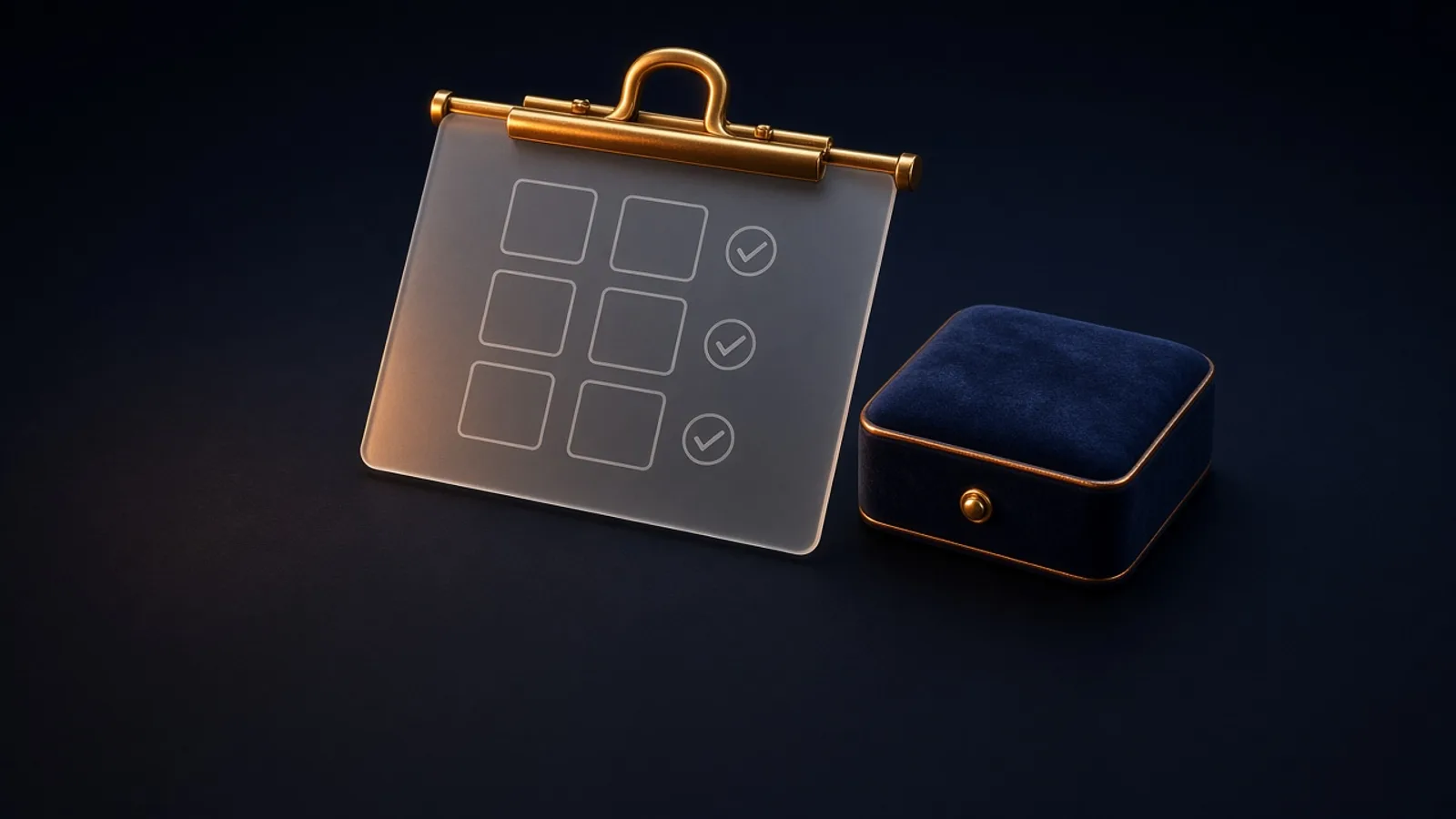 AI-generated editorial illustration: a frosted glass report card held in a brass clip, showing only empty outlined boxes and check marks, beside a closed velvet jewelry box. A visual metaphor, not real hardware or a product interface.