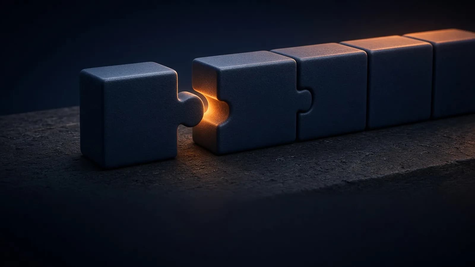 AI-generated editorial illustration: a single ceramic puzzle piece clicking cleanly into a row of matching blocks on a dark workbench, one small orange highlight. A visual metaphor, not real hardware or a product interface.