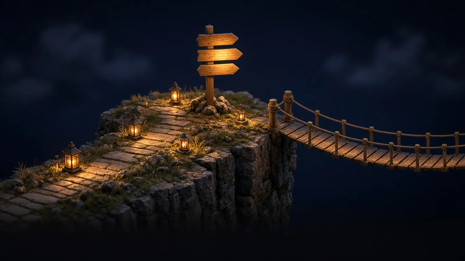 AI-generated editorial illustration: a stone path ending at a cliff edge where a glowing wooden signpost points to a small bridge, lanterns along the way, dusk orange light. A visual metaphor, not real hardware or a product interface.