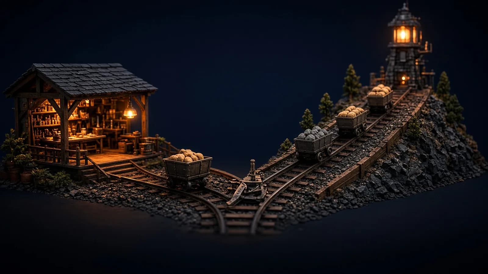 AI-generated editorial illustration: a railway switch on a dark miniature track sending small cargo carts either to a cozy desktop workshop or up a ramp toward a distant glowing tower. A visual metaphor, not real hardware or a product interface.