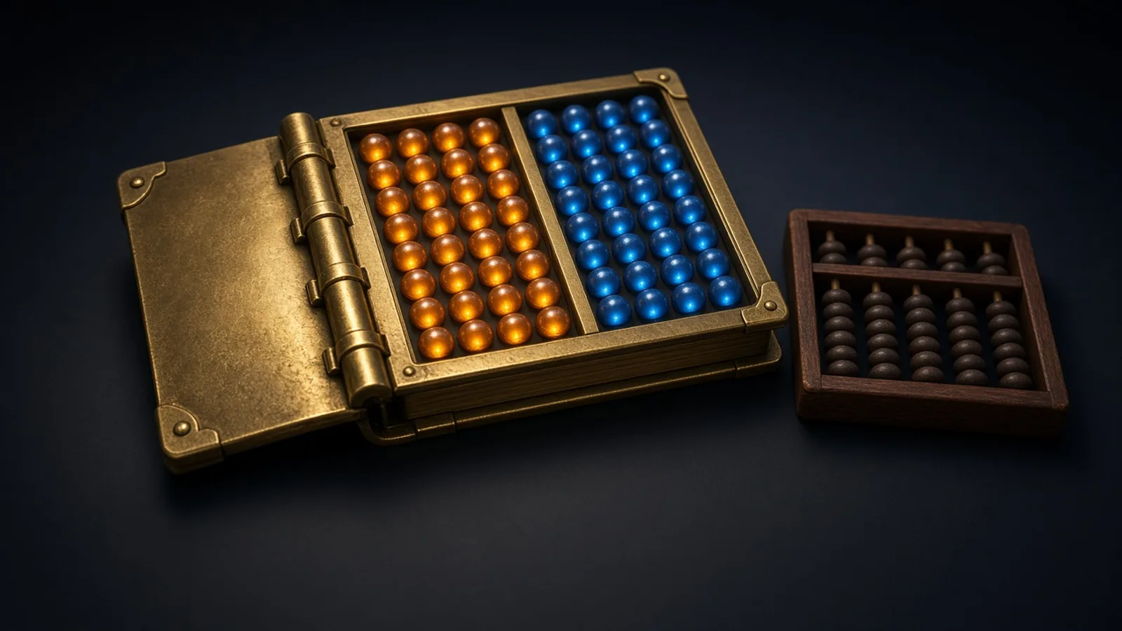 AI-generated editorial illustration: a brass ledger book open on a dark desk with two neat columns of glowing beads, one warm orange and one cool blue, beside an abacus. A visual metaphor, not real hardware or a product interface.
