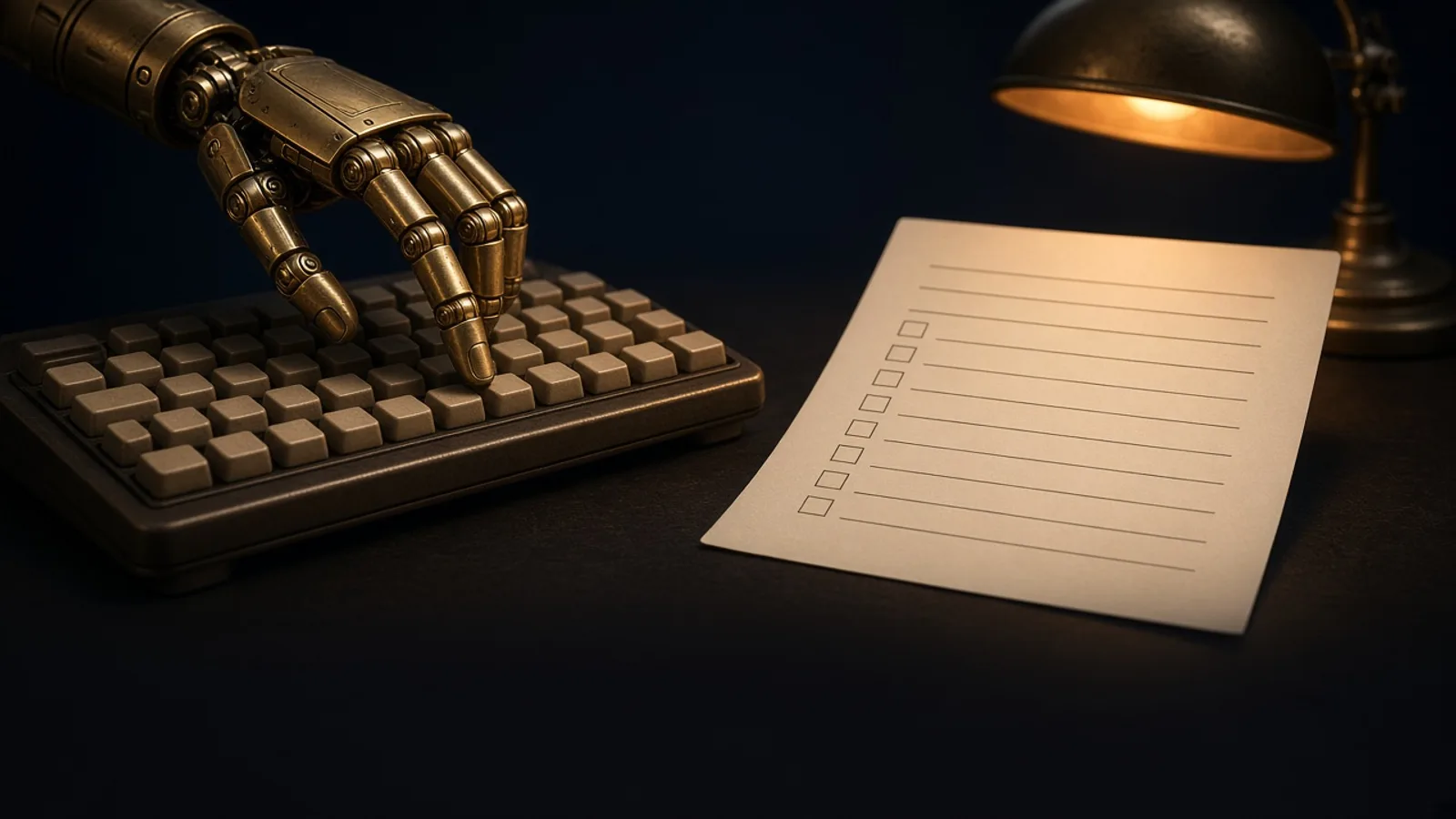 AI-generated editorial illustration: a small brass robotic hand pressing keys on a vintage terminal keyboard next to a neatly filled paper form, warm orange desk lamp. A visual metaphor, not real hardware or a product interface.