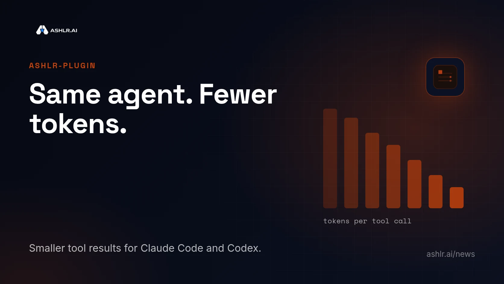 Ashlr cover: a falling bar chart labeled tokens per tool call, with the headline Same agent. Fewer tokens.