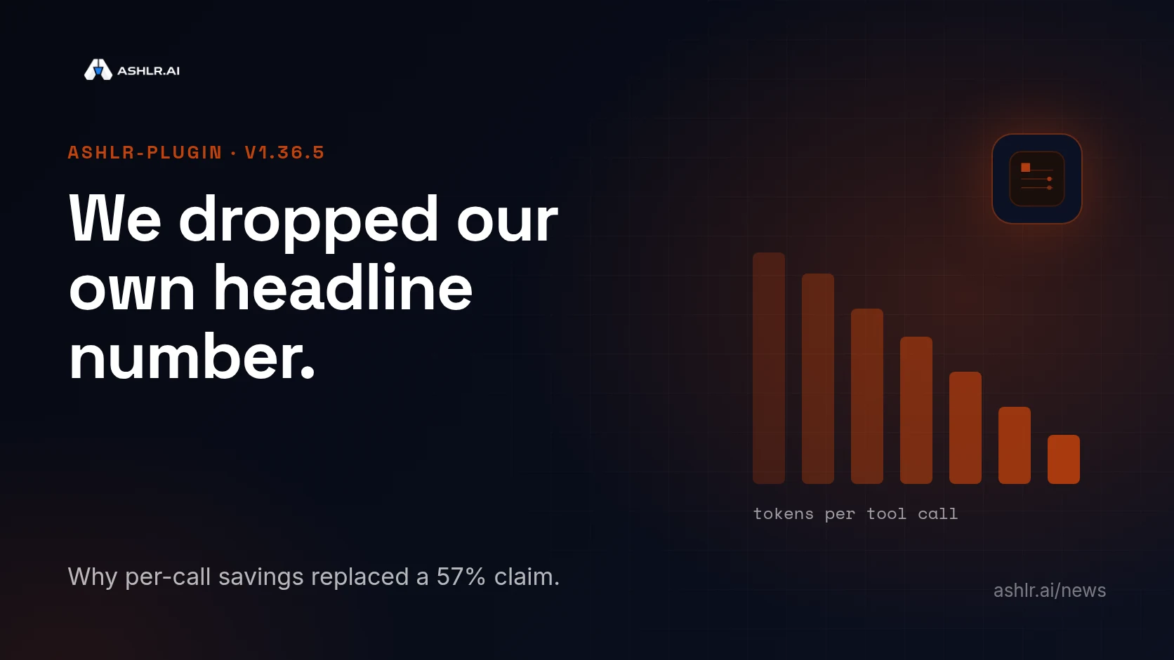 Ashlr cover: a falling bar chart, with the headline We dropped our own headline number.