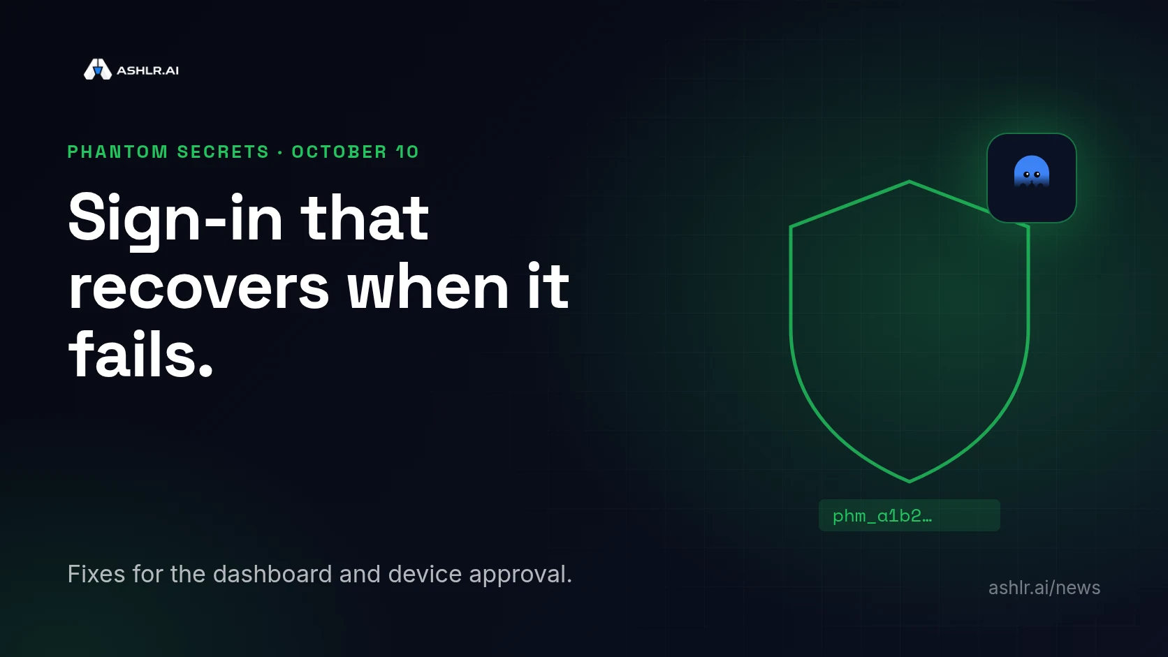 Ashlr cover: a green shield and placeholder key, with the headline Sign-in that recovers when it fails.