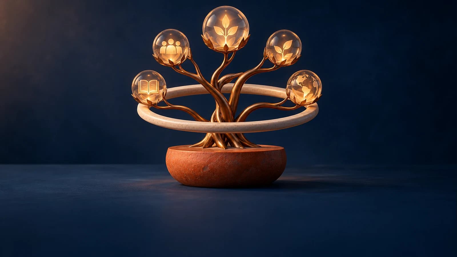 AI-generated editorial illustration of a small sculptural tree bearing symbolic education, community and environment motifs. A metaphor for public benefit, not a fund asset or a verified outcome.