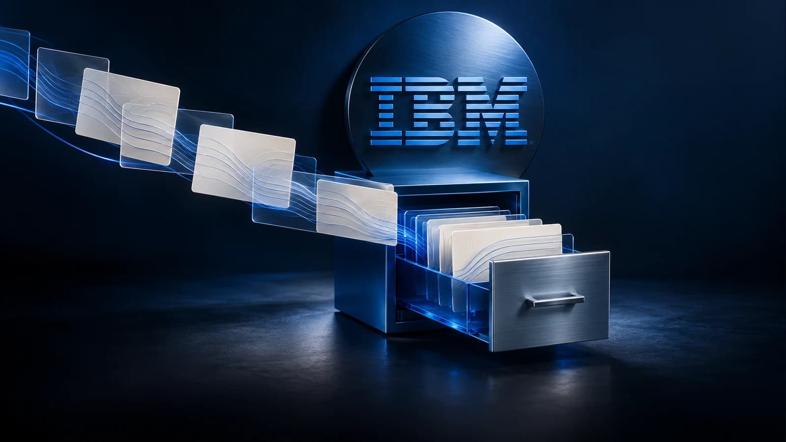 AI-generated editorial illustration of an IBM-inspired medallion above a blue filing drawer, with translucent cards representing reusable agent memory. A metaphor, not real hardware or a product interface.