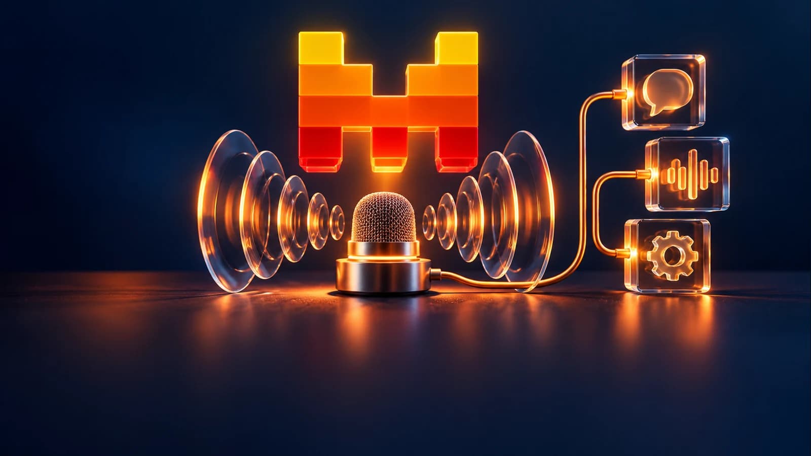AI-generated editorial illustration of a Mistral-inspired orange mark above a microphone and sculptural sound waves. A conceptual voice-agent scene, not real hardware or a product interface.