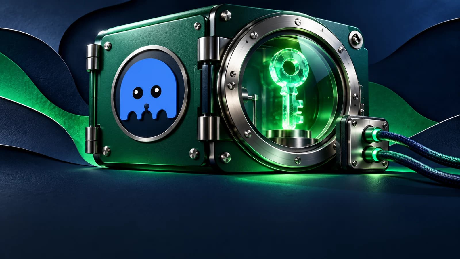 AI-generated editorial illustration of a green vault containing a glass key, with the blue Phantom ghost on its door. A metaphor for secret handling, not real hardware or a security certification.