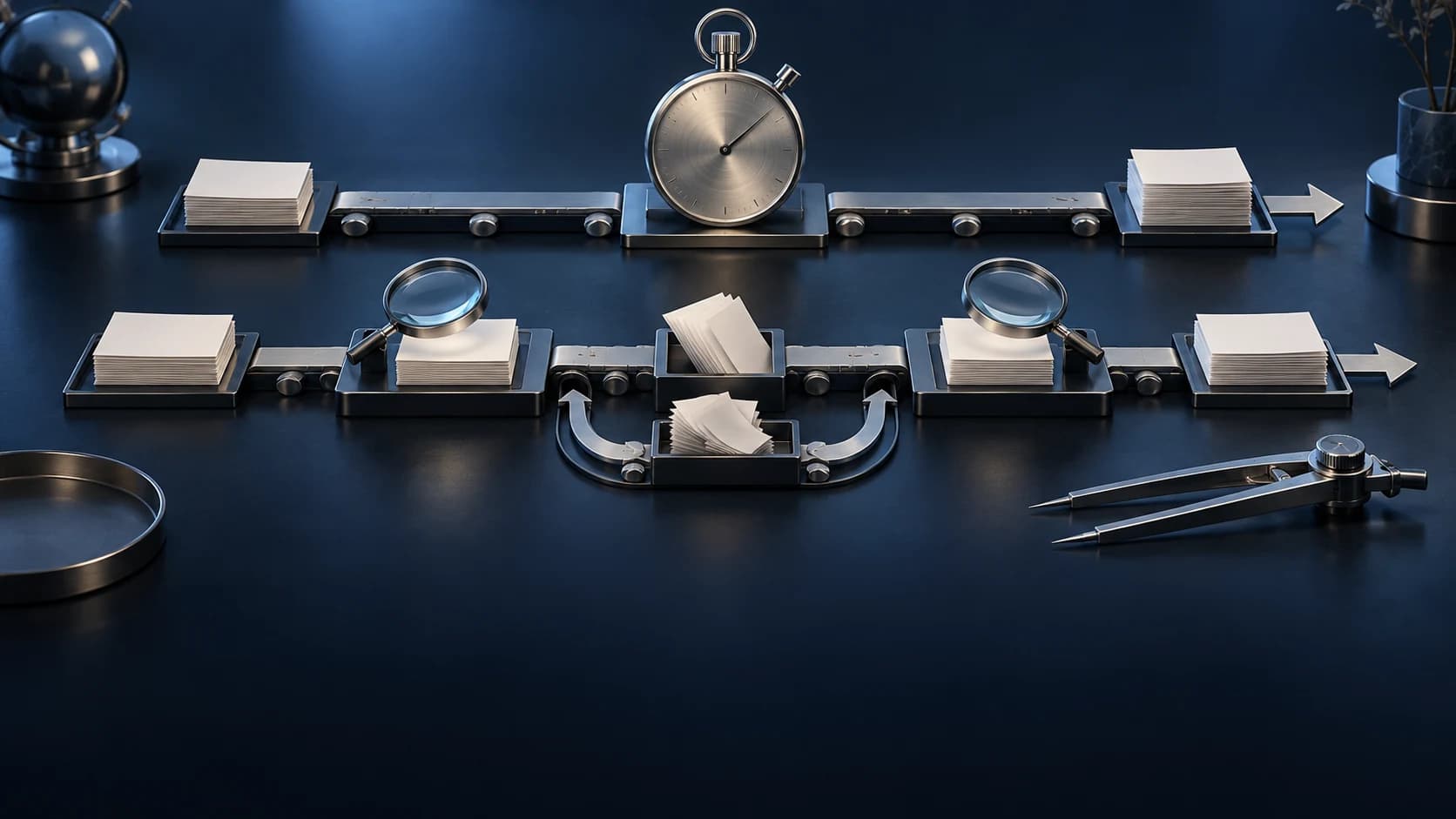 AI-generated conceptual illustration of document-review paths, a stopwatch, and measuring tools.