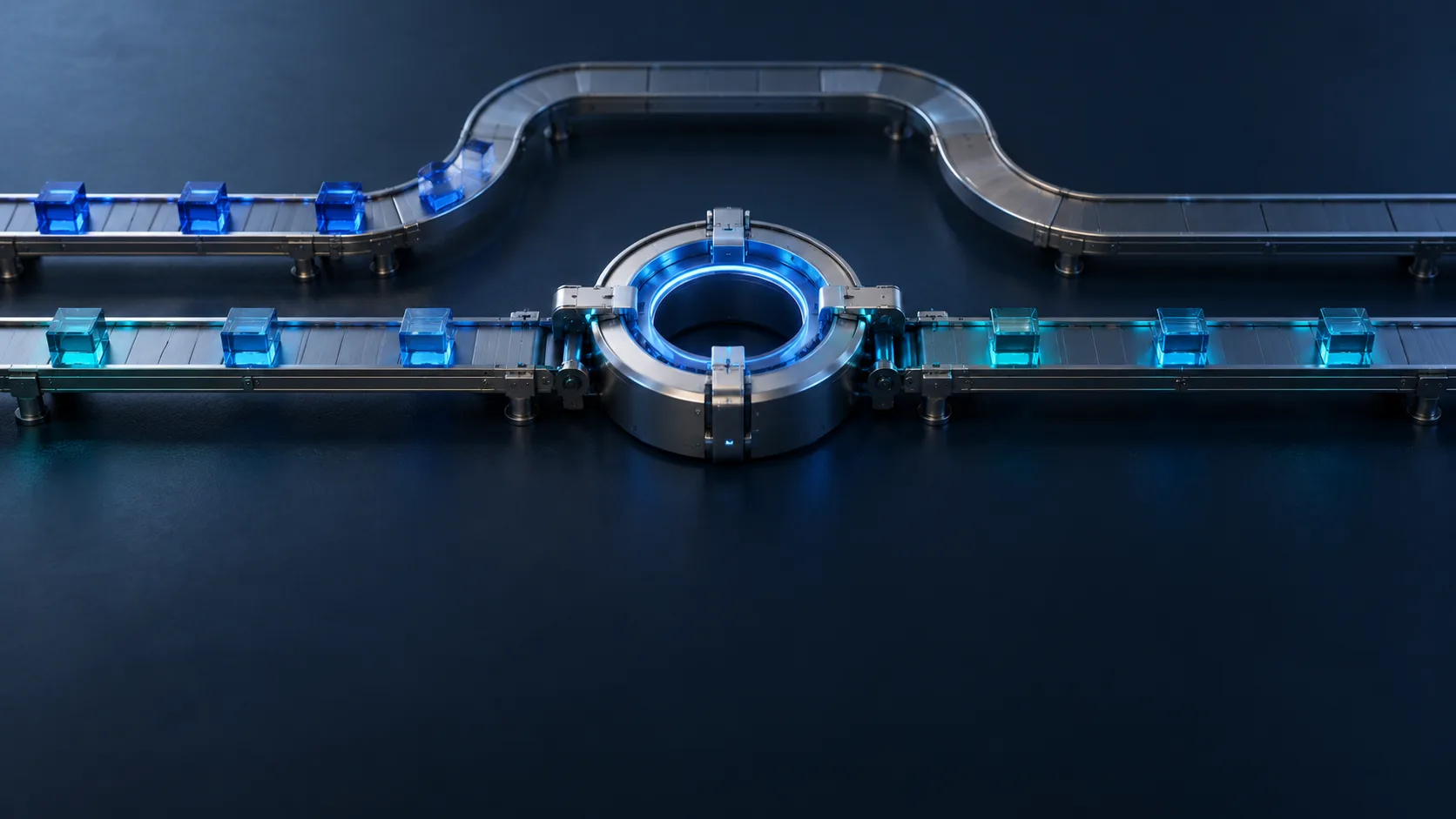 AI-generated conceptual editorial illustration of parallel engineering tracks and a shorter inspection path. Not a documentary photograph.