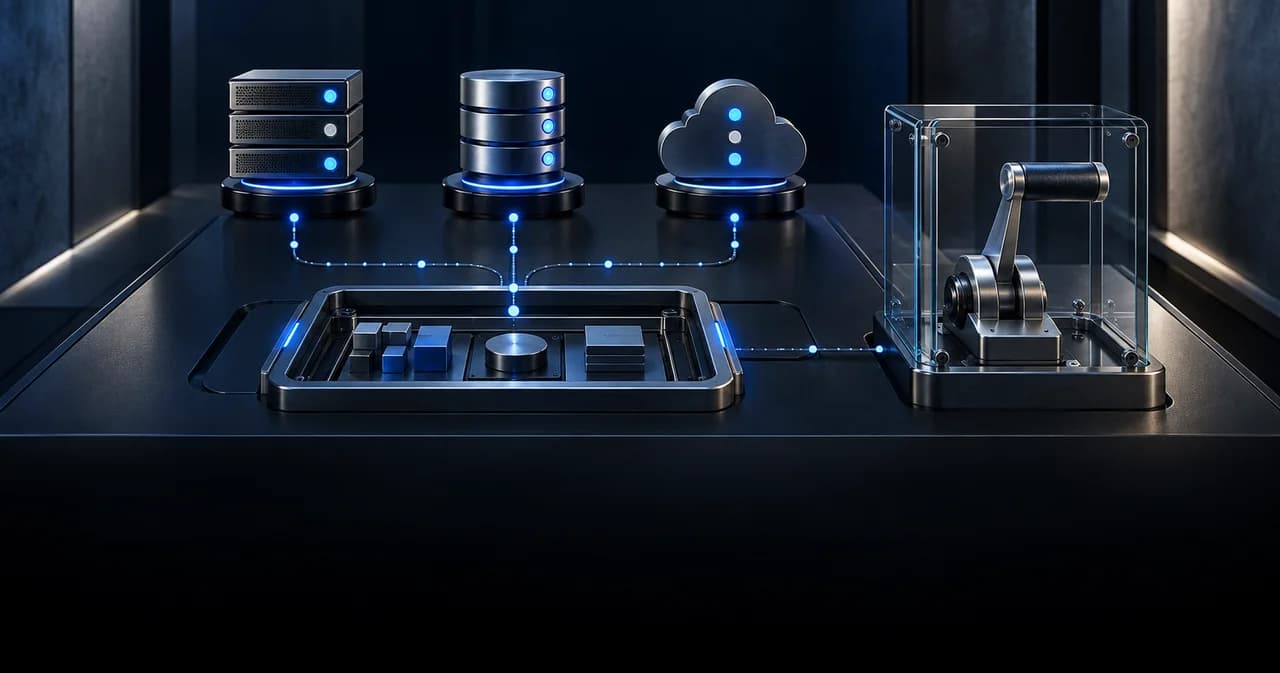 AI-generated conceptual editorial illustration of resource indicators separated from a mechanical approval control. Not a product screenshot or documentary photograph.
