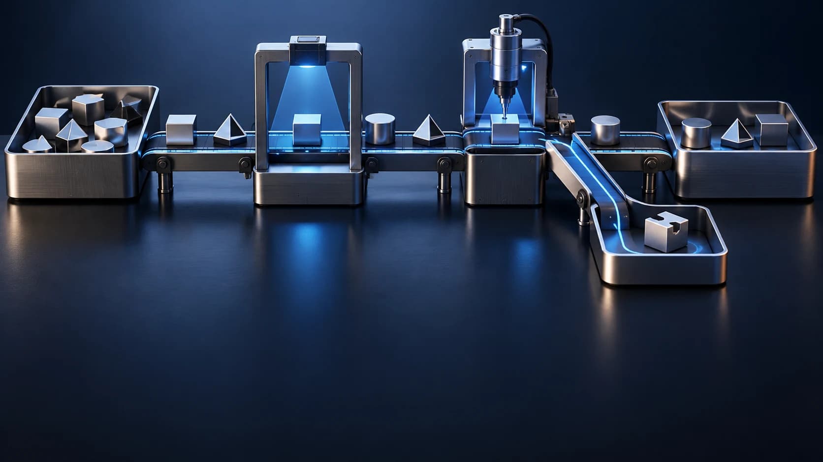 AI-generated conceptual illustration of processing stations with an inspection gate and a separate recovery path.