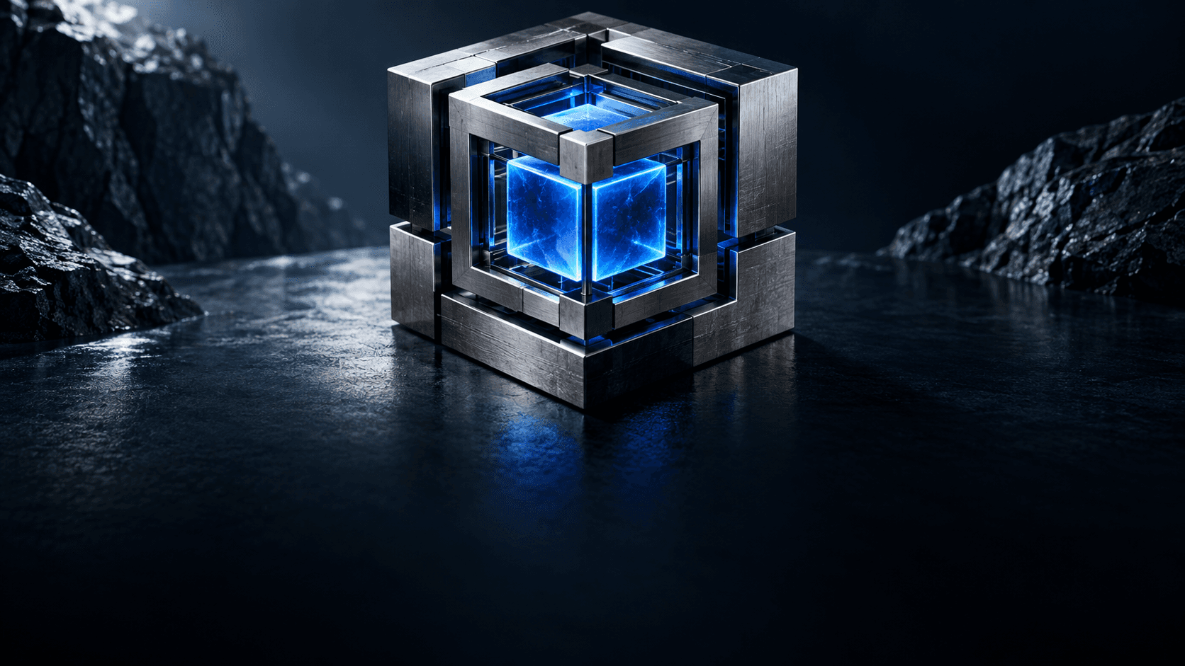 AI-generated editorial illustration of a blue glass core inside precisely nested steel frames.