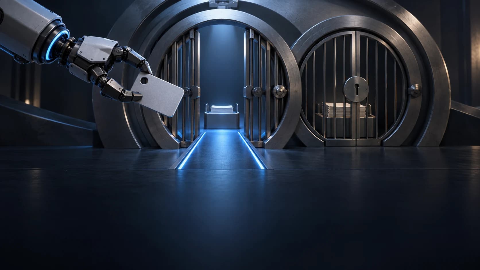 AI-generated conceptual illustration of a robotic gripper approaching a permitted document tray while another tray stays locked.