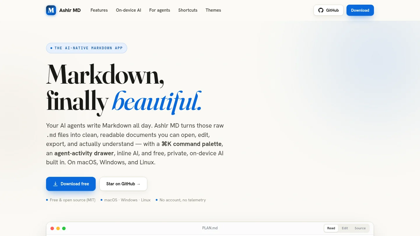 The Ashlr MD home page: Markdown, finally beautiful.