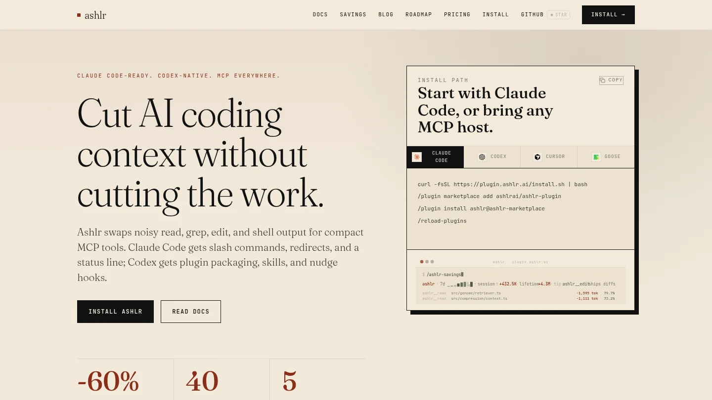 The ashlr plugin home page: Cut AI coding context without cutting the work.