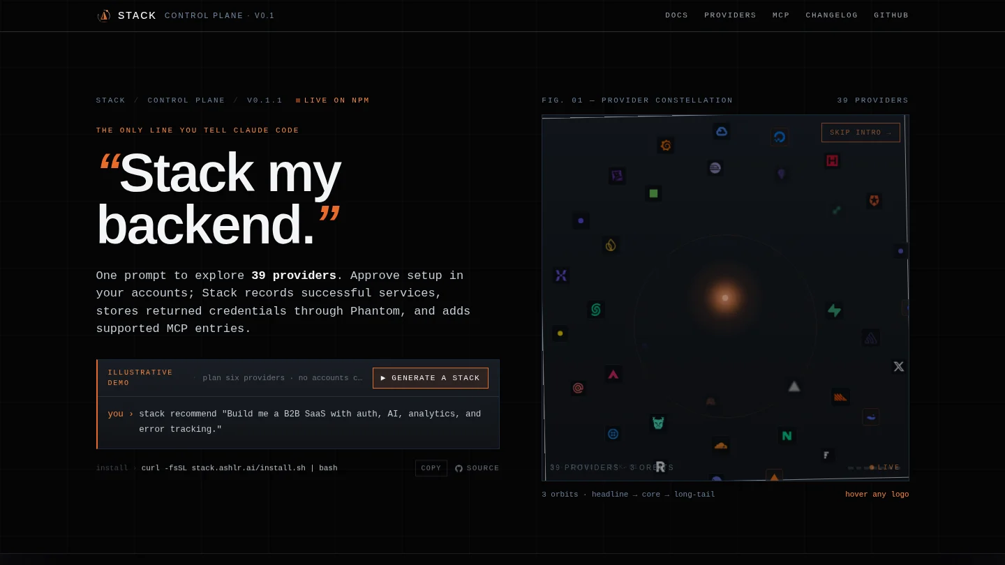 The Ashlr Stack home page: Stack my backend, with a constellation of provider logos.