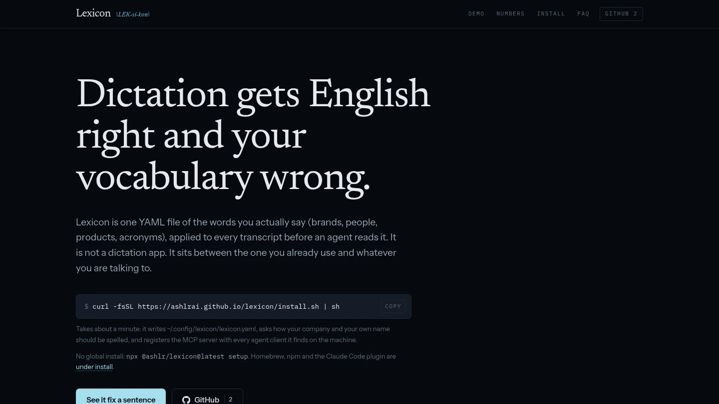 The Lexicon home page: Dictation gets English right and your vocabulary wrong.