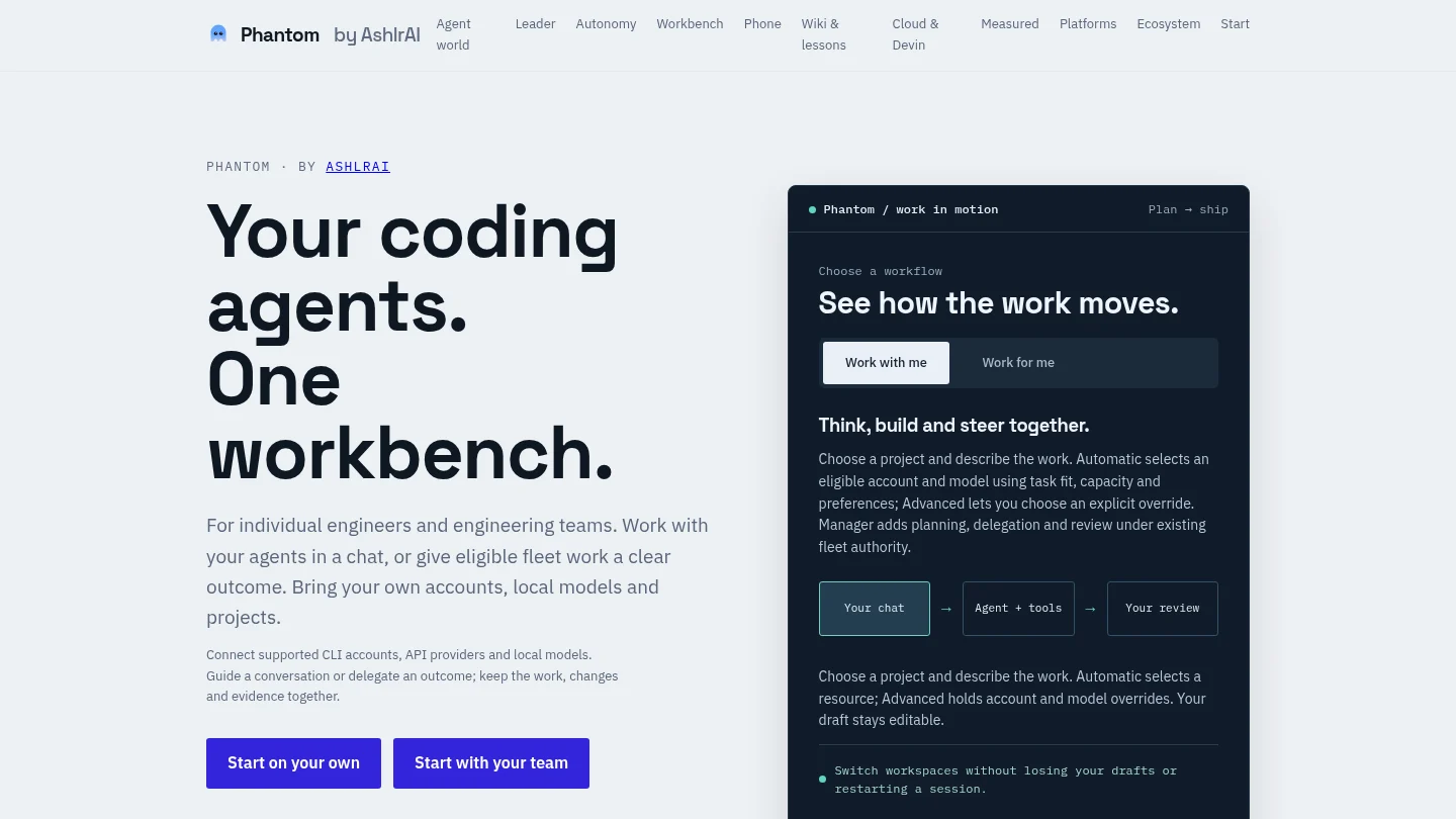 The verse.ashlr.ai page: Your coding agents. One workbench.