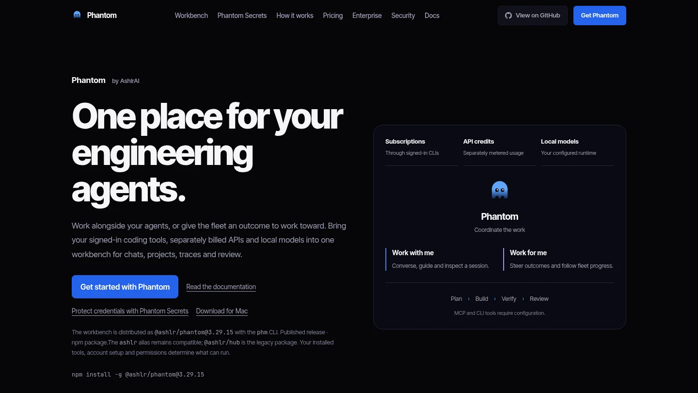 The phm.dev home page: One place for your engineering agents, with Work with me and Work for me modes.